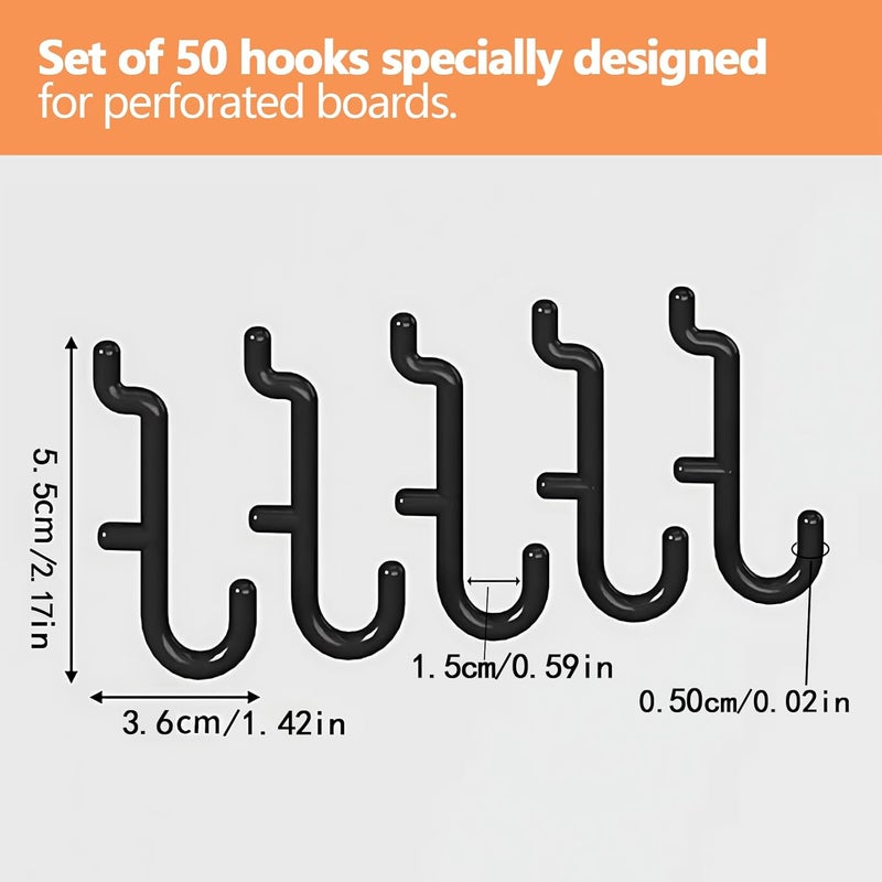 Nivithi Pegboard Hooks Kit,1/4" Hole,50 Black Pegboard Hooks Assortment with J Hooks for Squat Rack,peg Board Hooks for Hanging are Perfect for organizing Tools and Equipment,1“ Hole Pitch - Image 2